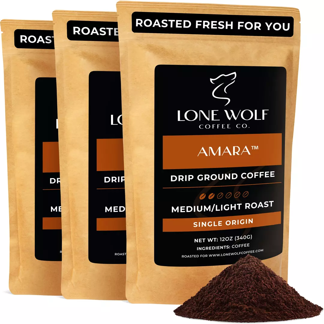 Three 12oz bags of Lone Wolf Coffee’s Amara Medium-Light Roast Drip Ground coffee bag product photo