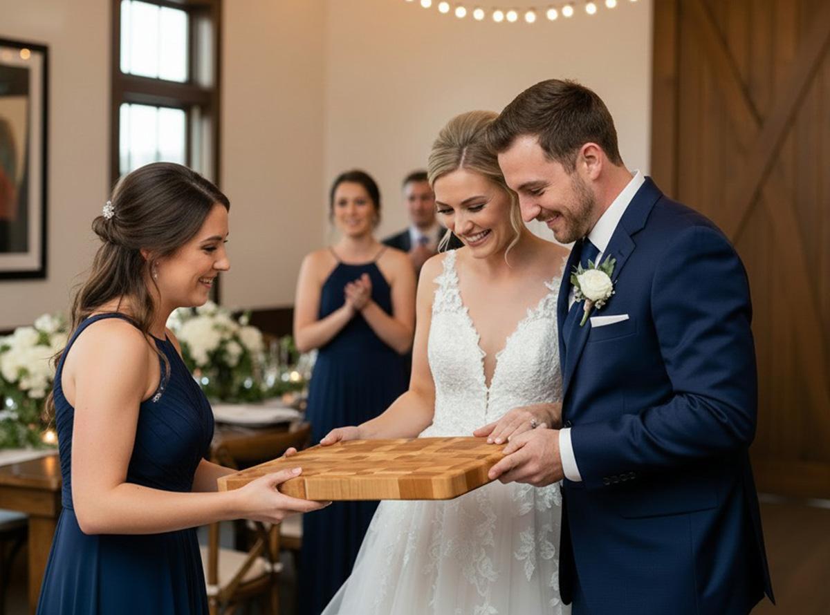 Wedding couple receiving a personalized live edge walnut charcuterie board