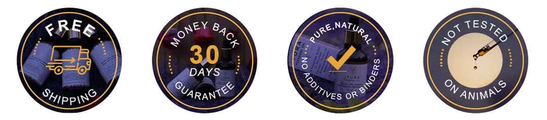 iYURA Trust Badges: 1. Free Shipping 2. 30-Day Money-back Guarantee 3. No Additives or Binders 4. Not Tested on Animals