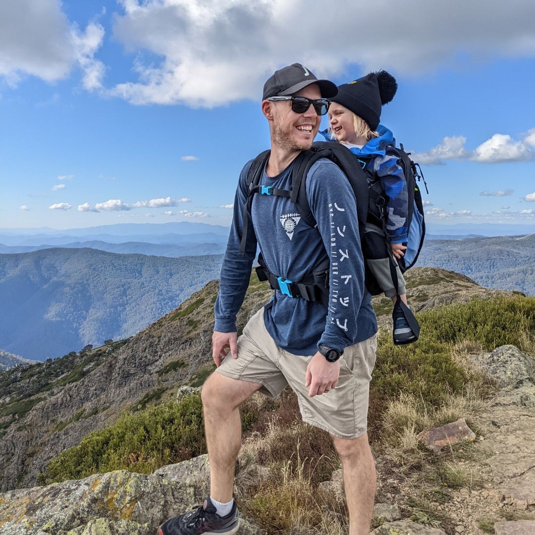 toddler carrier with dad hiking