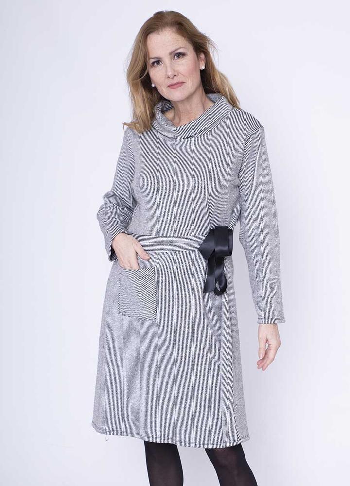 Cowl Neck Ribbon Belt Dress in Grey