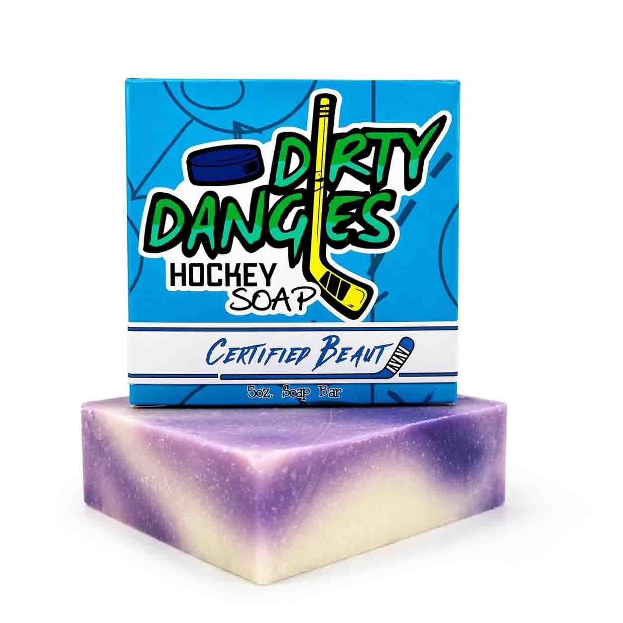 Dirty Dangles certified beaut hockey soap bar with product box on a white background.