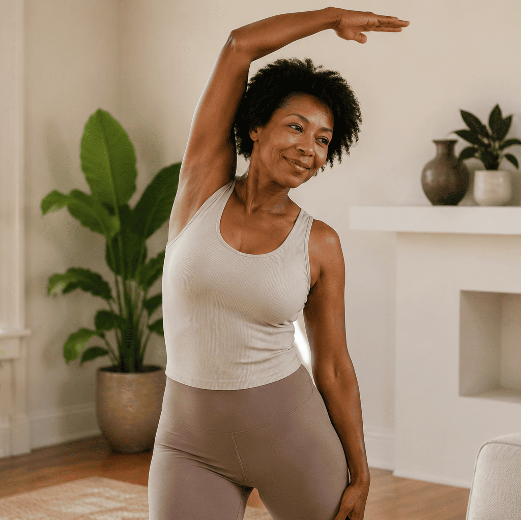 Black woman over 40 with natural hair doing a gentle standing stretch in a peaceful home.