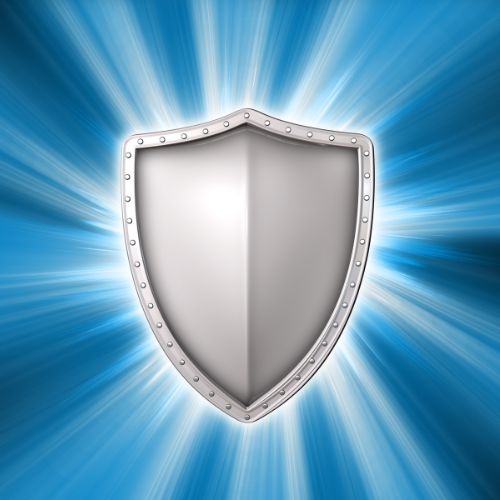 Graphic of gray shield and blue background.