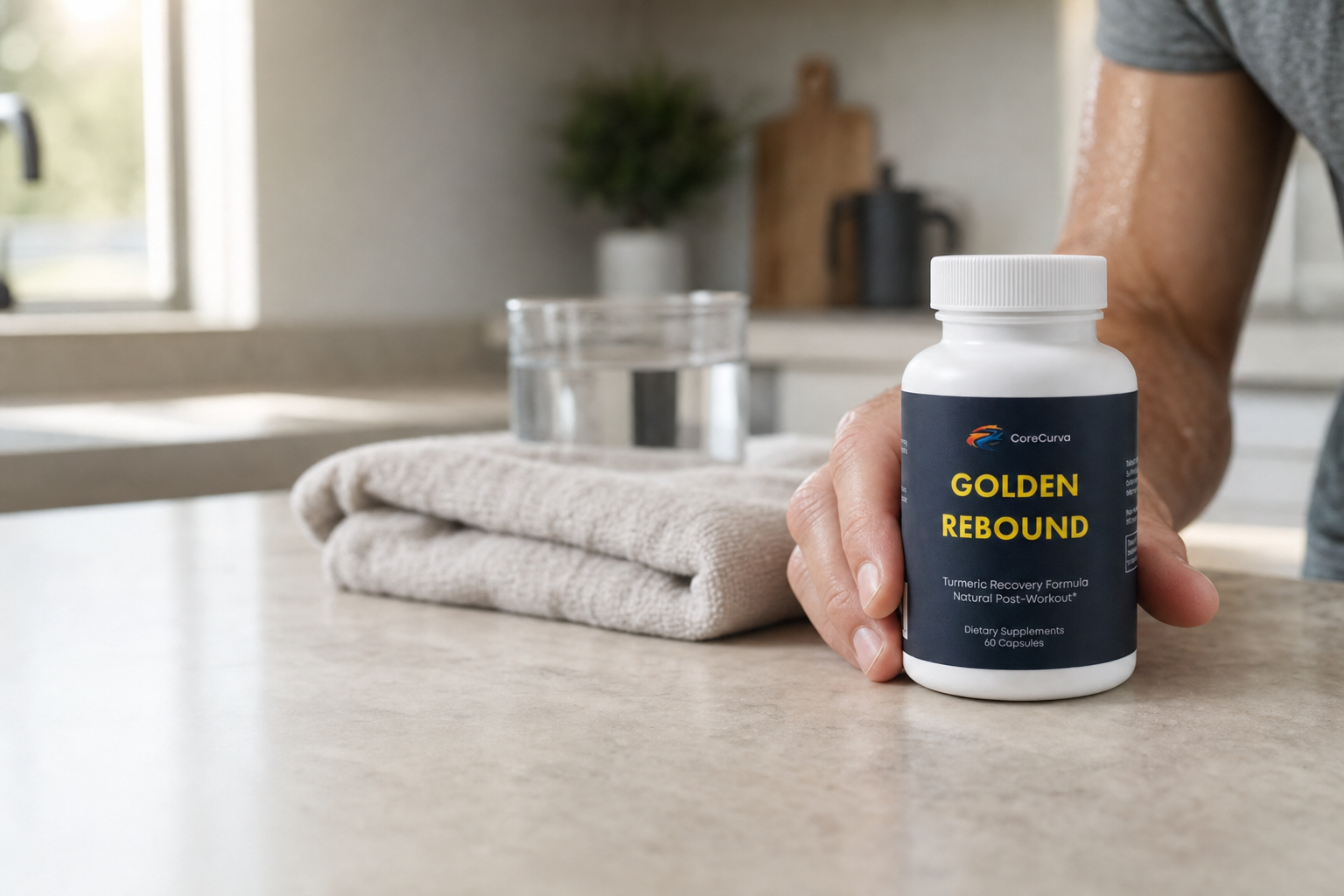 Golden Rebound turmeric supplement on a kitchen counter