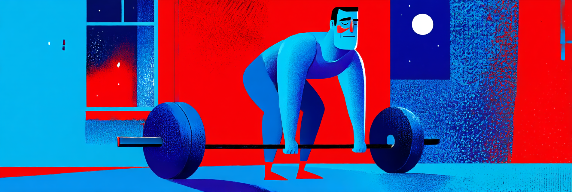 A man engaging in heavy lifting exercises in the evening, increasing his risk of feeling tired but can’t fall asleep.