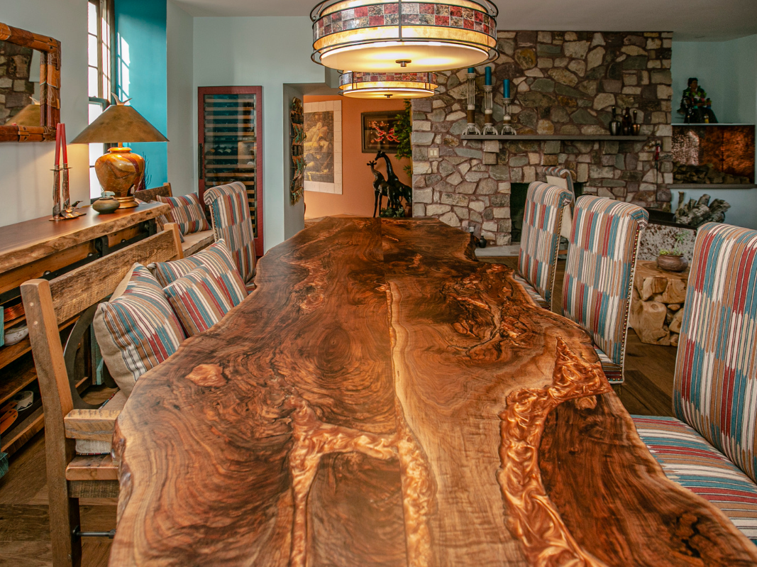 unique walnut live edge table, copper epoxy