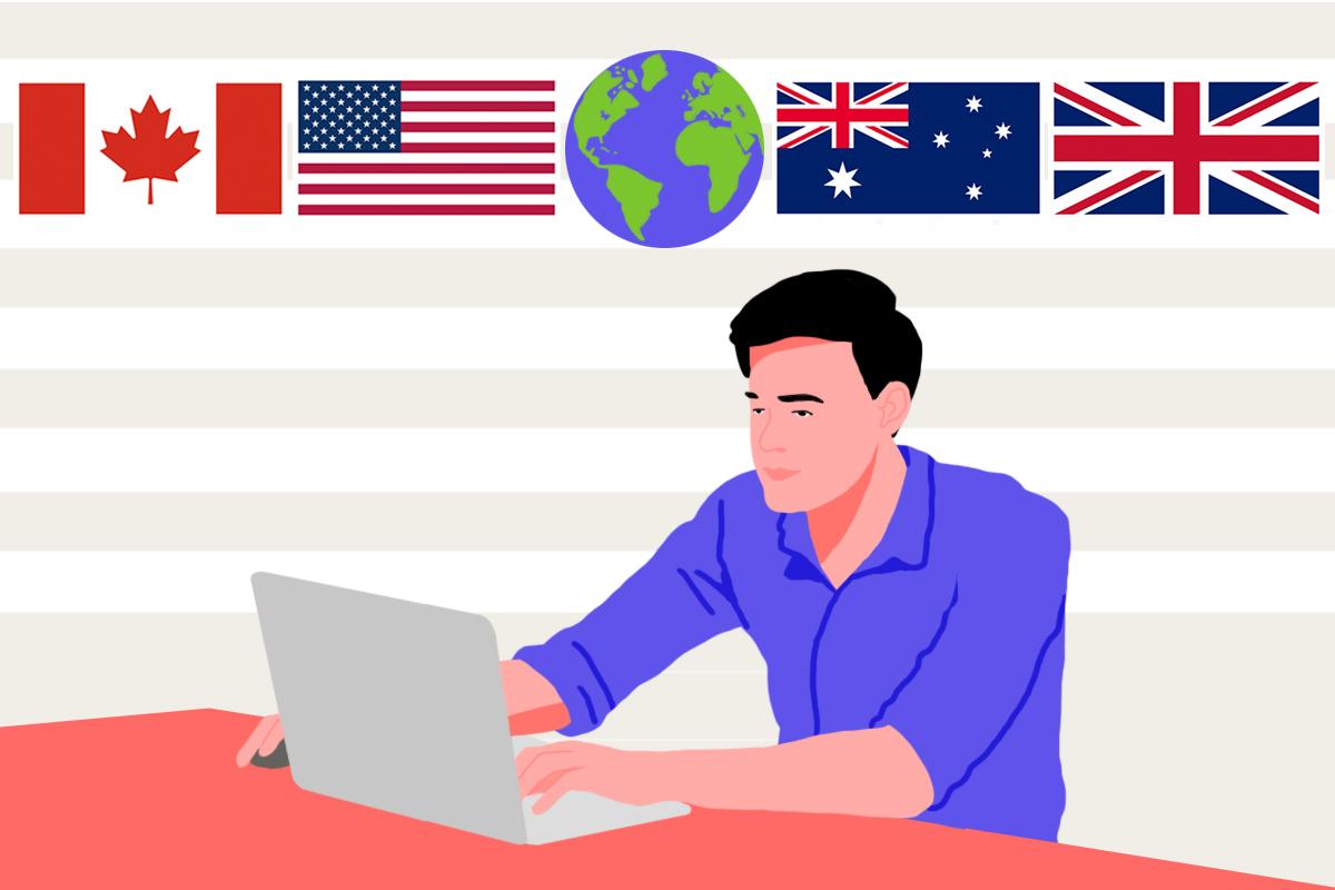 A man on his laptop looking for where to buy Manta Sleep mask. The Canadian, American, Australian, United Kingdom flags and the globe represent where to find one online.