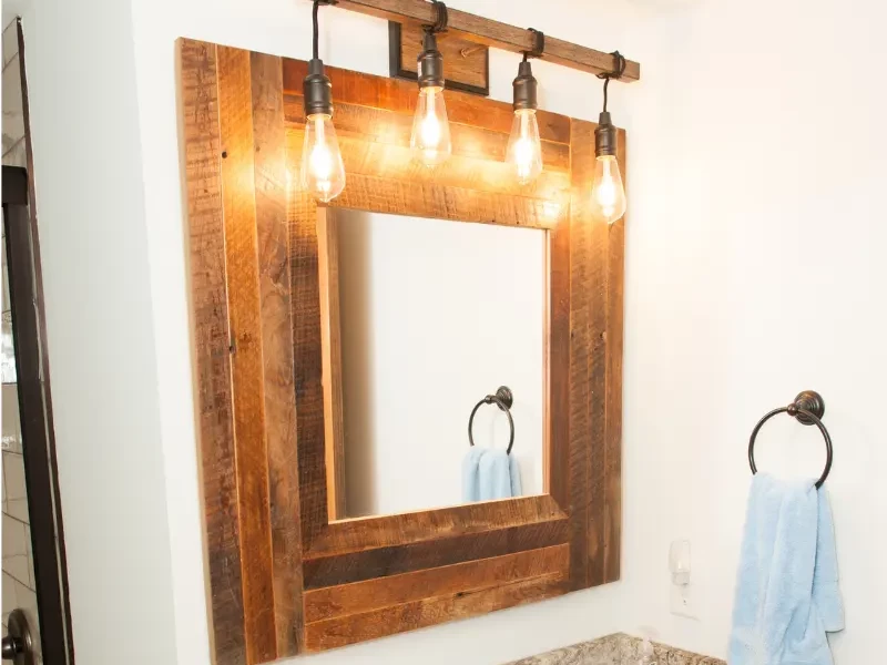 Reclaimed Wood Plank Framed Mirror in Bathroom