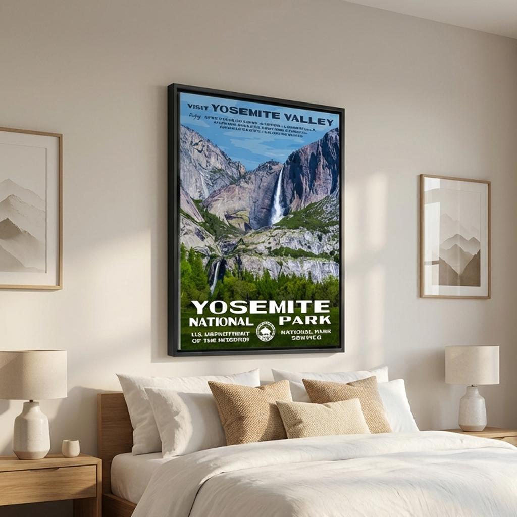 Framed Yosemite National Park canvas print in a bedroom