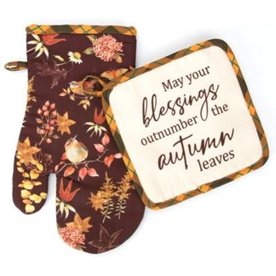 oven mitt and hot pad: May your blessings outnumber the autumn leaves