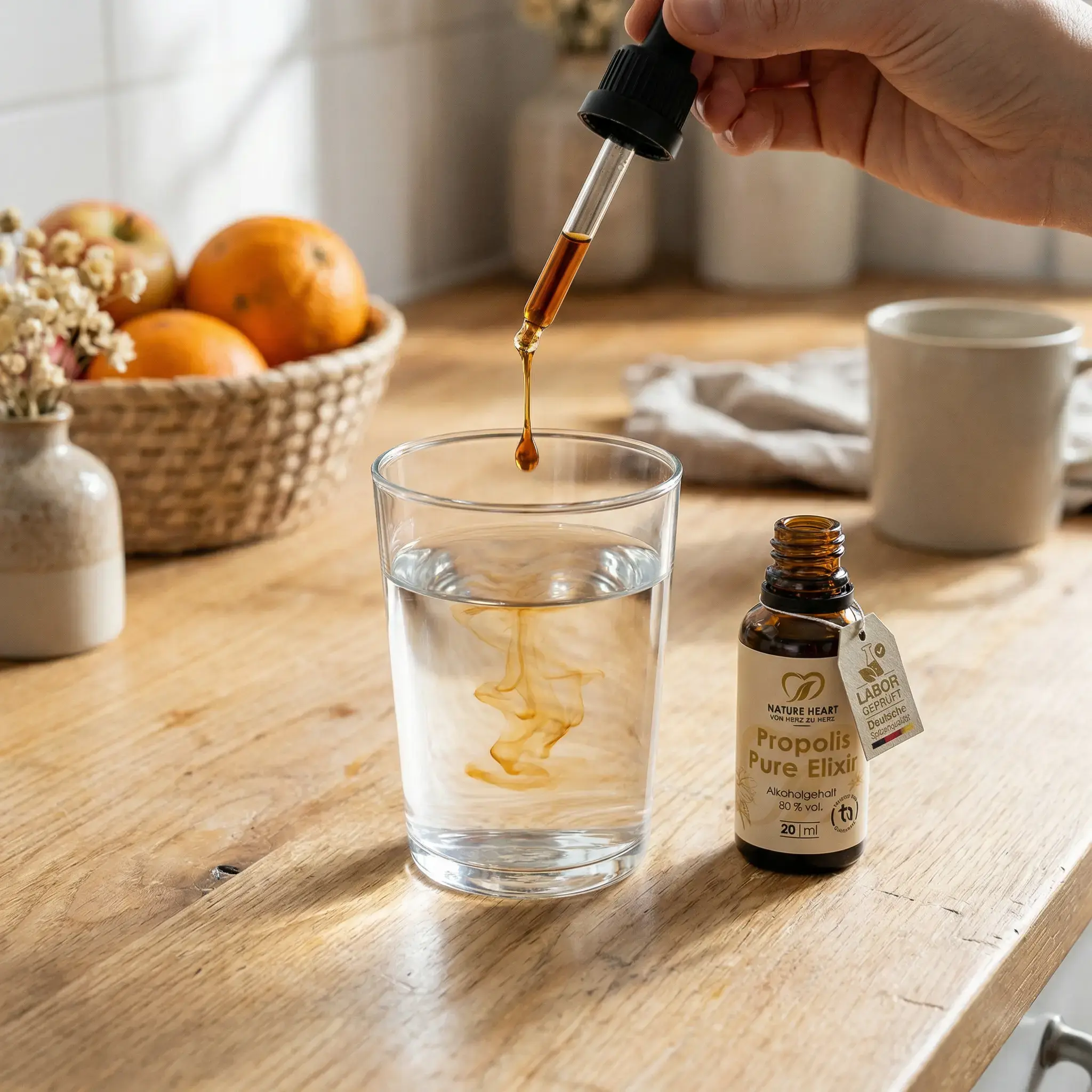 Propolis-Tropfen werden mit Pipette aus Nature Heart Propolis Pure Elixir 20 ml in ein Glas Wasser gegeben