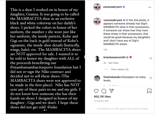 Vanessa Bryant's comments on the Mambacita Kobe 6