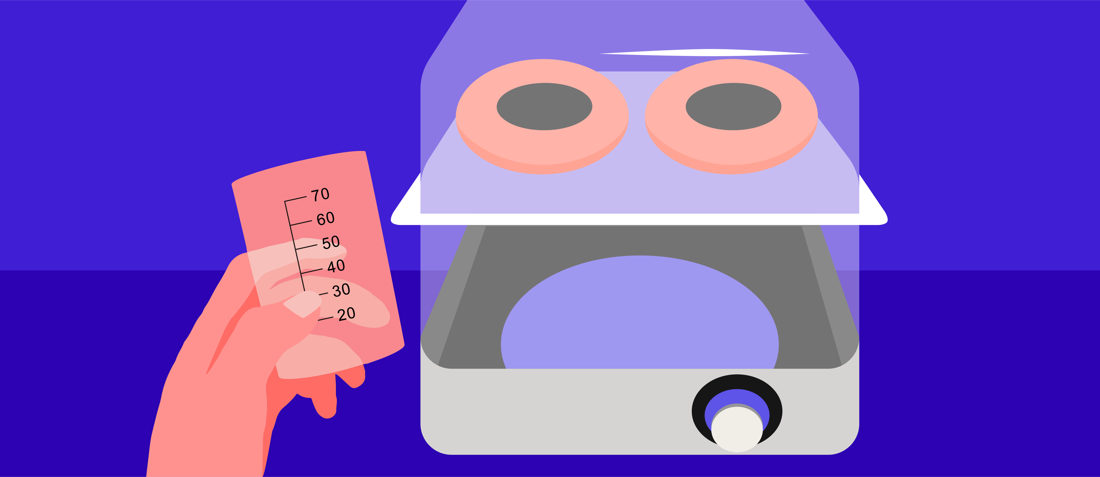 A hand holding a measuring container and a steamer with a pair of orange steam eye cups.