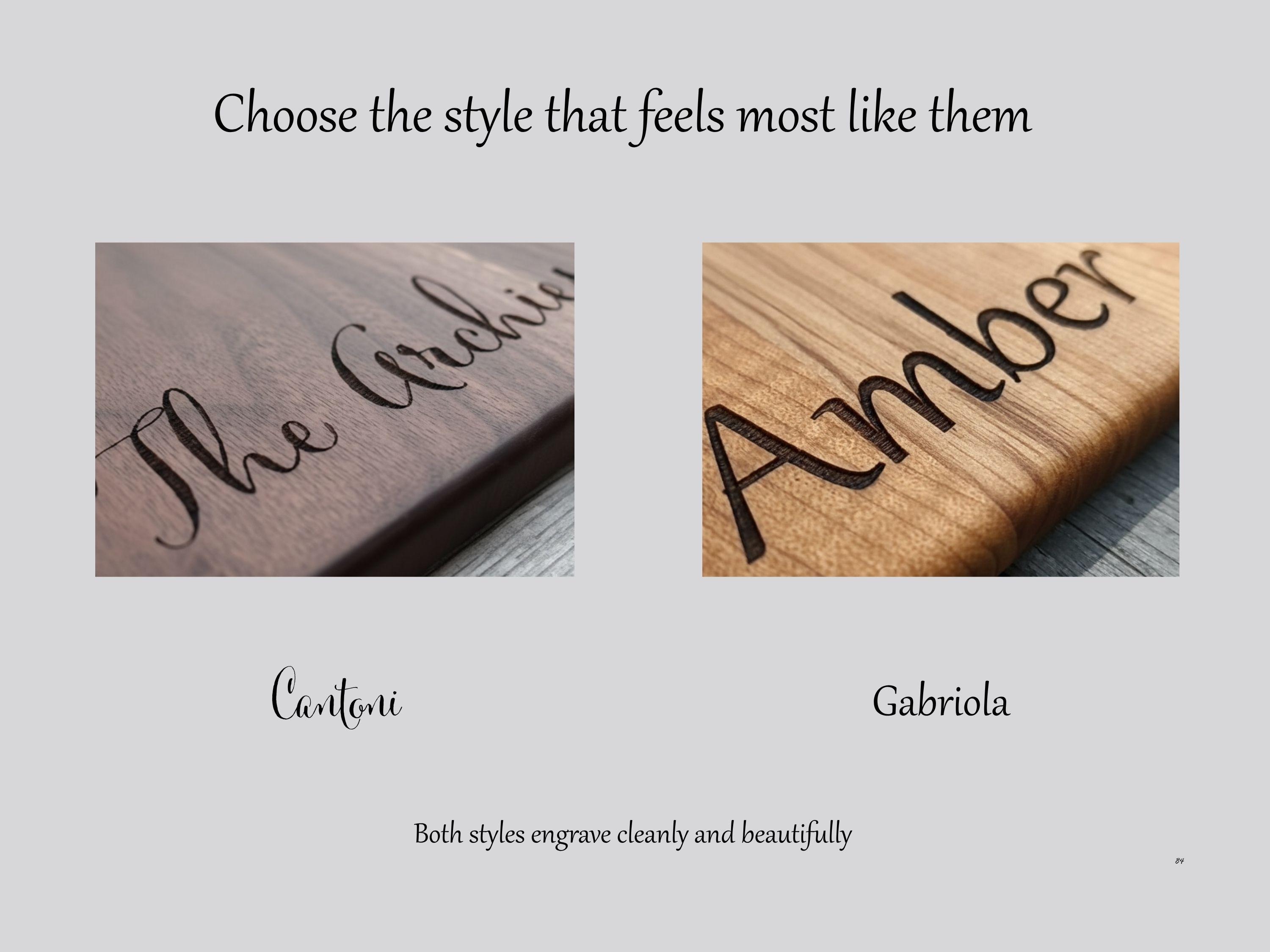 Three engraving style options for personalized nesting charcuterie boards