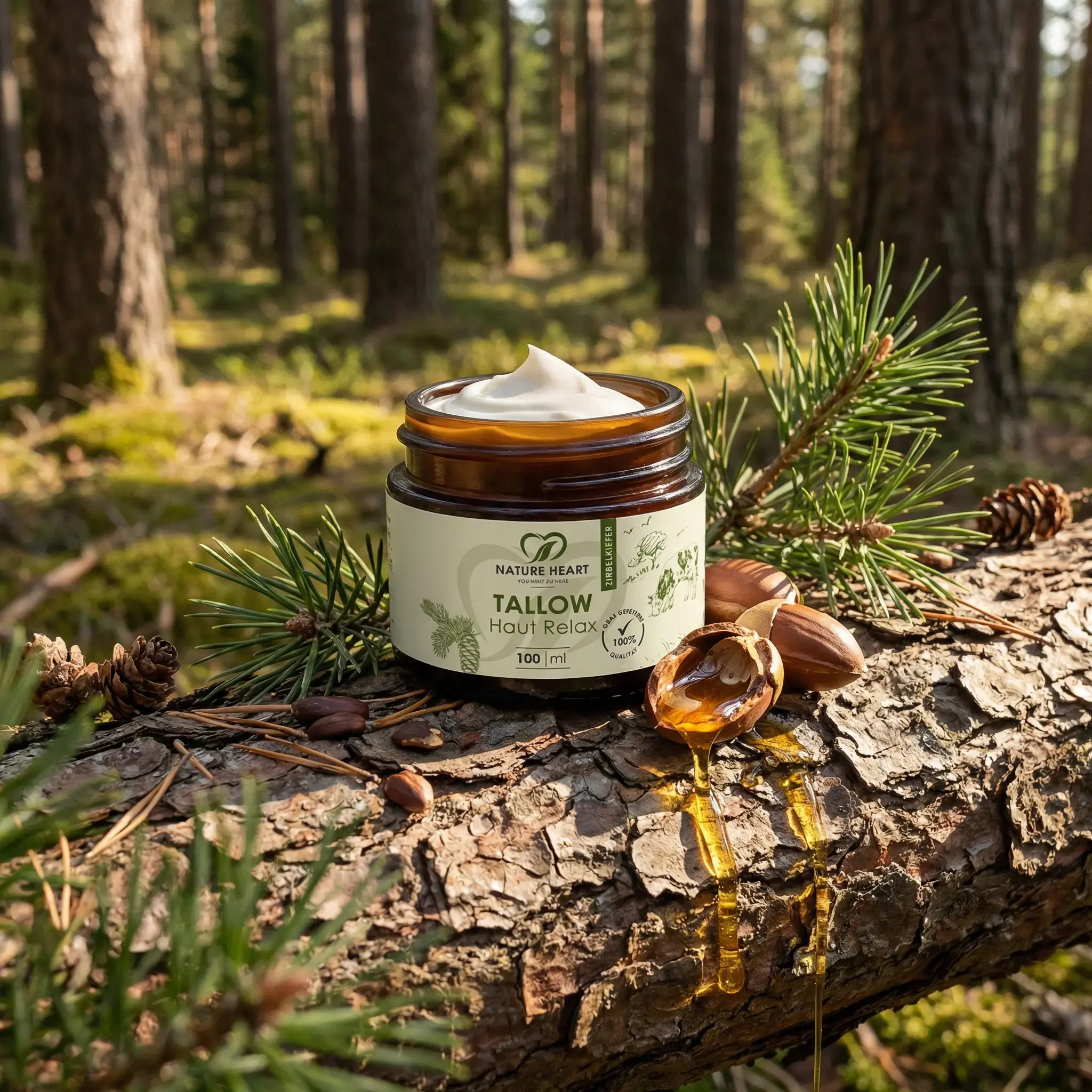 Nature Heart Tallow Haut Relax mit Zirbelkiefer auf einem Kiefernstamm im Wald mit Kiefernzweig und Bernsteinharz