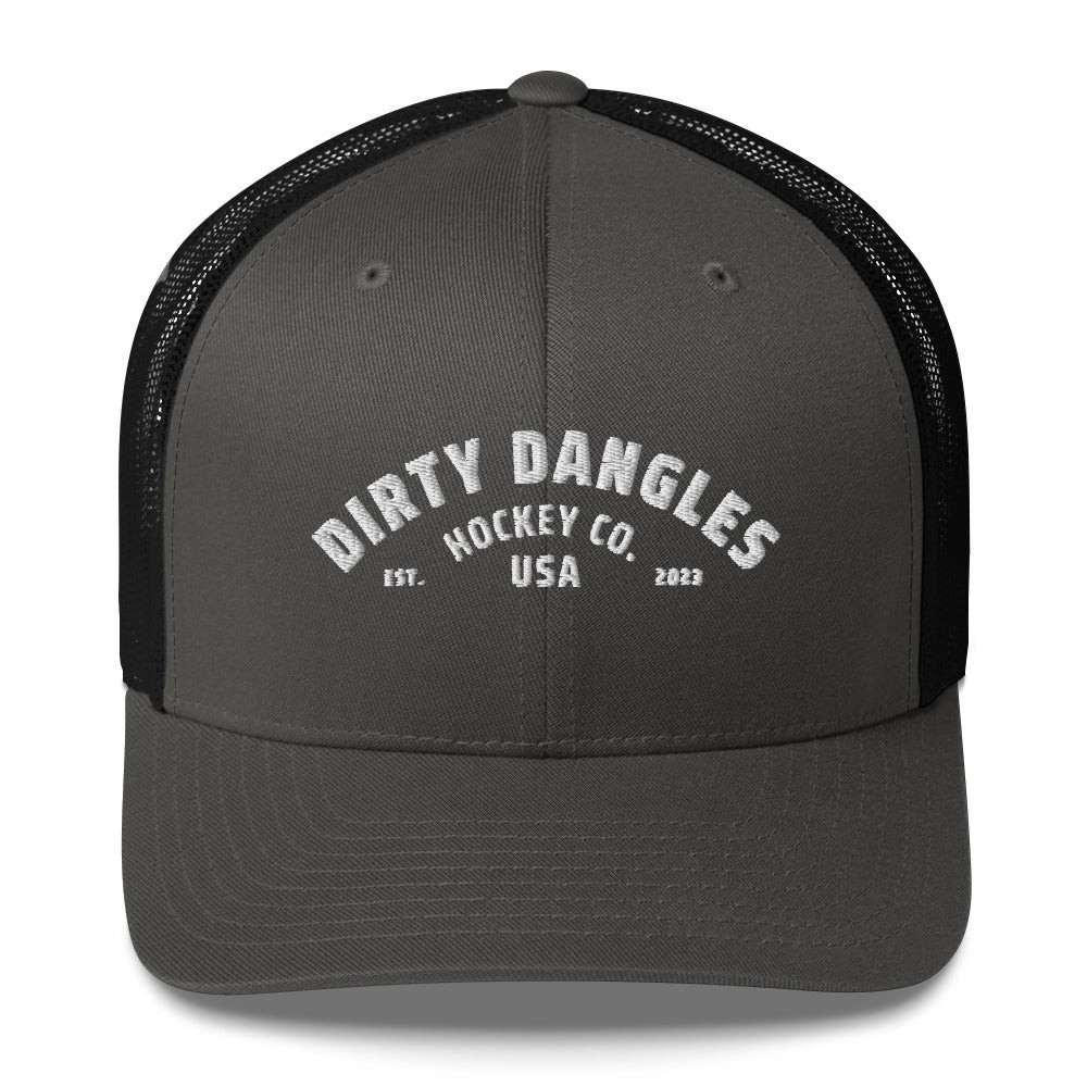 A black hoodie on a white background. Dirty Dangles Hockey logo