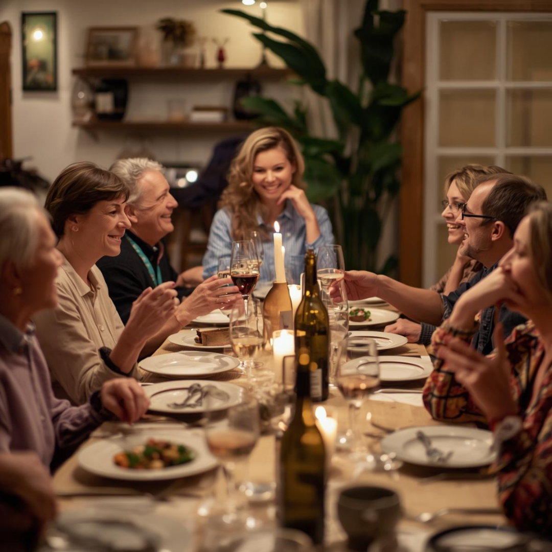 A group of friends share laughter and wine around a beautifully set dinner table, capturing the warmth and connection of stress free dinner hosting ideas in action.