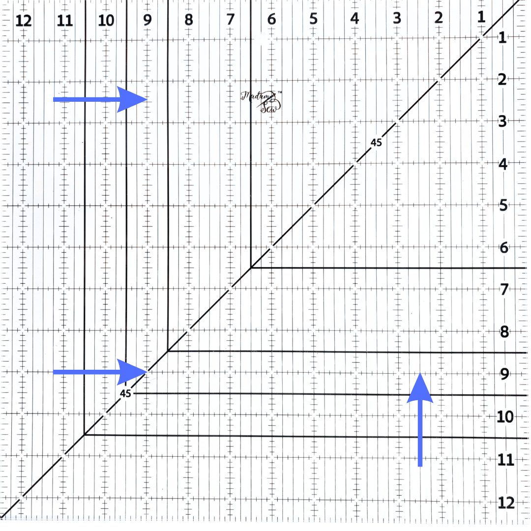 Picture showing an arrow pointing to the horizontal and vertical 9” lines and where those lines intersect on the Madam Sew 12.5” Square-Up Quilting Ruler.