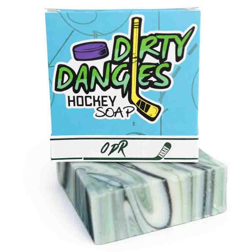 Dirty Dangles ODR hockey soap bar with product box on a white background.