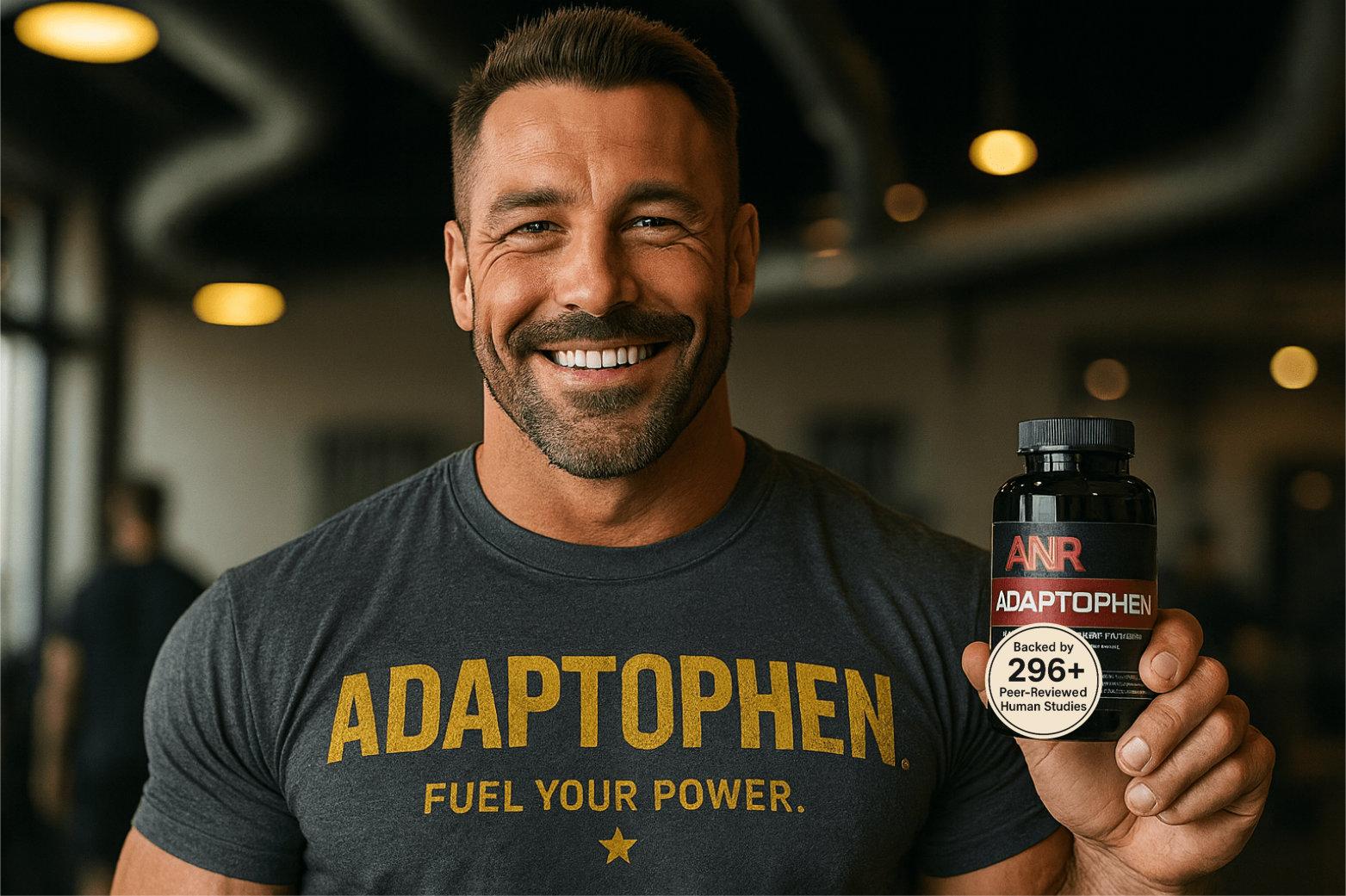 A lean, muscular man with arms crossed who uses Adaptophen to increase muscle and boost testosterone
