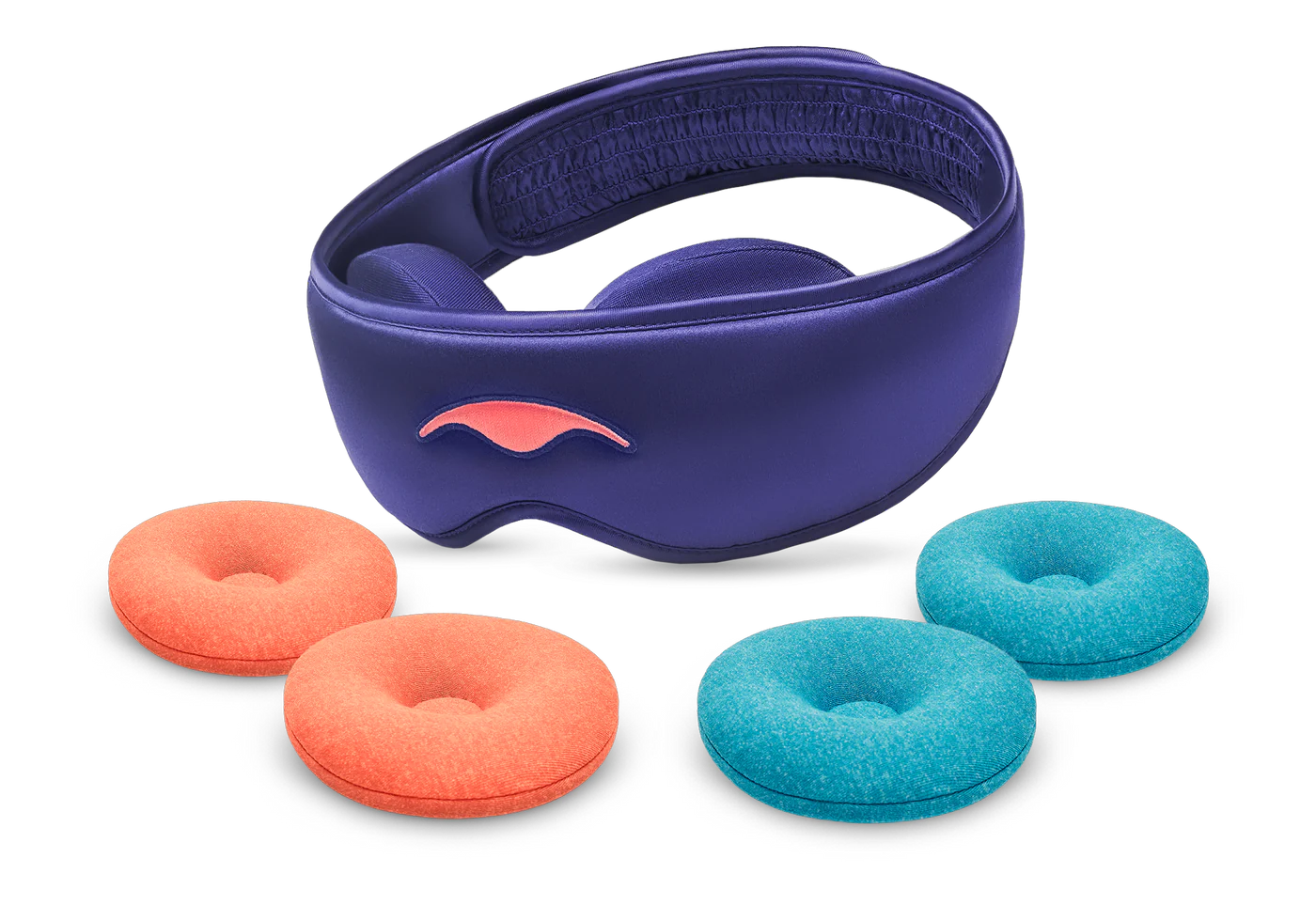 A sleep gifts bundle consisting of a blue silk sleep mask, a pair of orange warming eye cups and blue cooling eye cups.