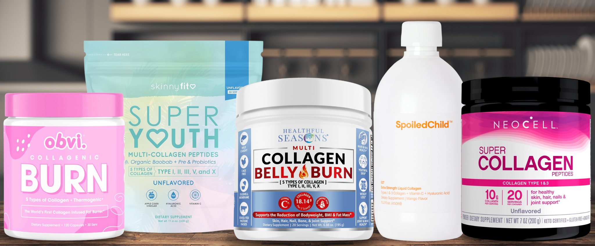 Five best collagen supplements for weight loss comparison showing Collagen Belly Burn, SkinnyFit, Spoiled Child, NeoCell, and Obvi bottles