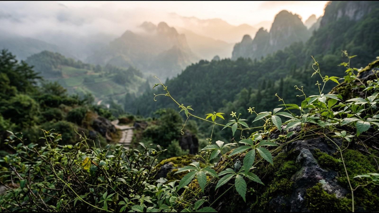 Wild gynostemma vines on a misty mountainside in southern China