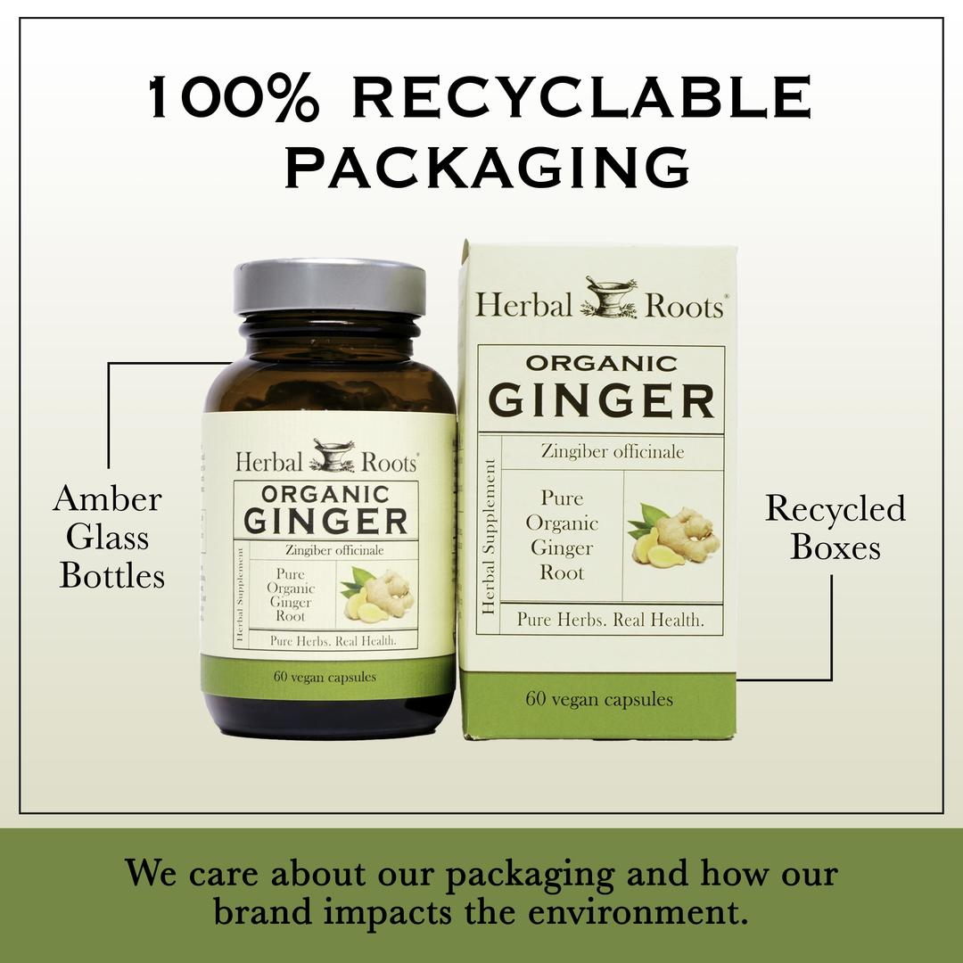 Bottle and box of Herbal Roots Organic Ginger next to each other. Under the bottle and box says We care about our packaging and how our brand impacts the environment. There is a line coming from the left of the bottle that says Amber glass bottles. There is a line coming from the left of the box that says recycled boxes.