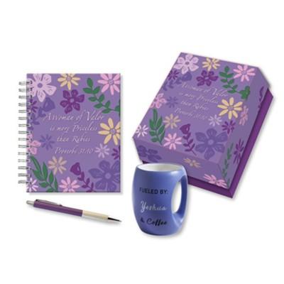 purple spiral journal, mug, pen, and box with text A woman of valor is more precious than rubies on journal and box