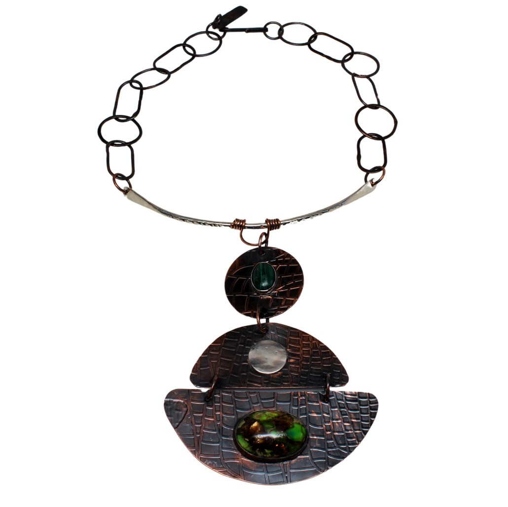 Etched Copper, Argentium Silver and Malachite Queen Necklace by Junebug Jewelry Designs