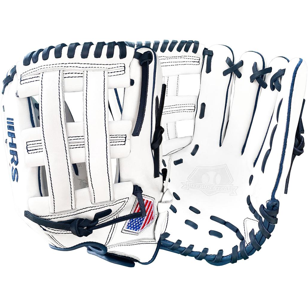 13 Softball First Base Mitt - Navy with White Web – Hit Run Steal