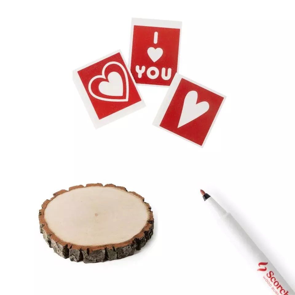 Scorch Marker Date Night DIY Woodburning Bundle, Includes 2 (2mm), 4 Sourwood Wood Slices, Heart Stencil Kit - Perfect for Creating Custom Coasters