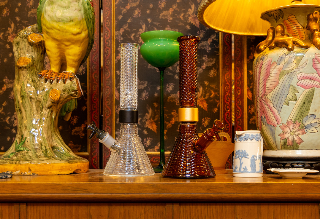 Prism x Jane West Clear and Amber MINI Beakers with textured glass in vintage store lifestyle shot