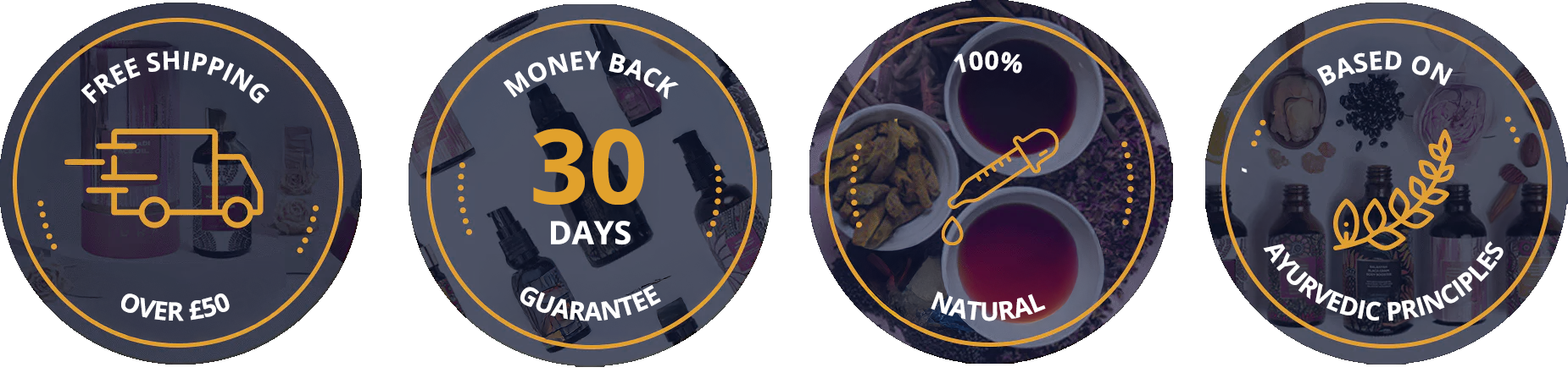 Badge showing Natural Ingredients, Based on Ayurvedic Principles, Free delivery above 50 Pound & 30 days money back guarantee