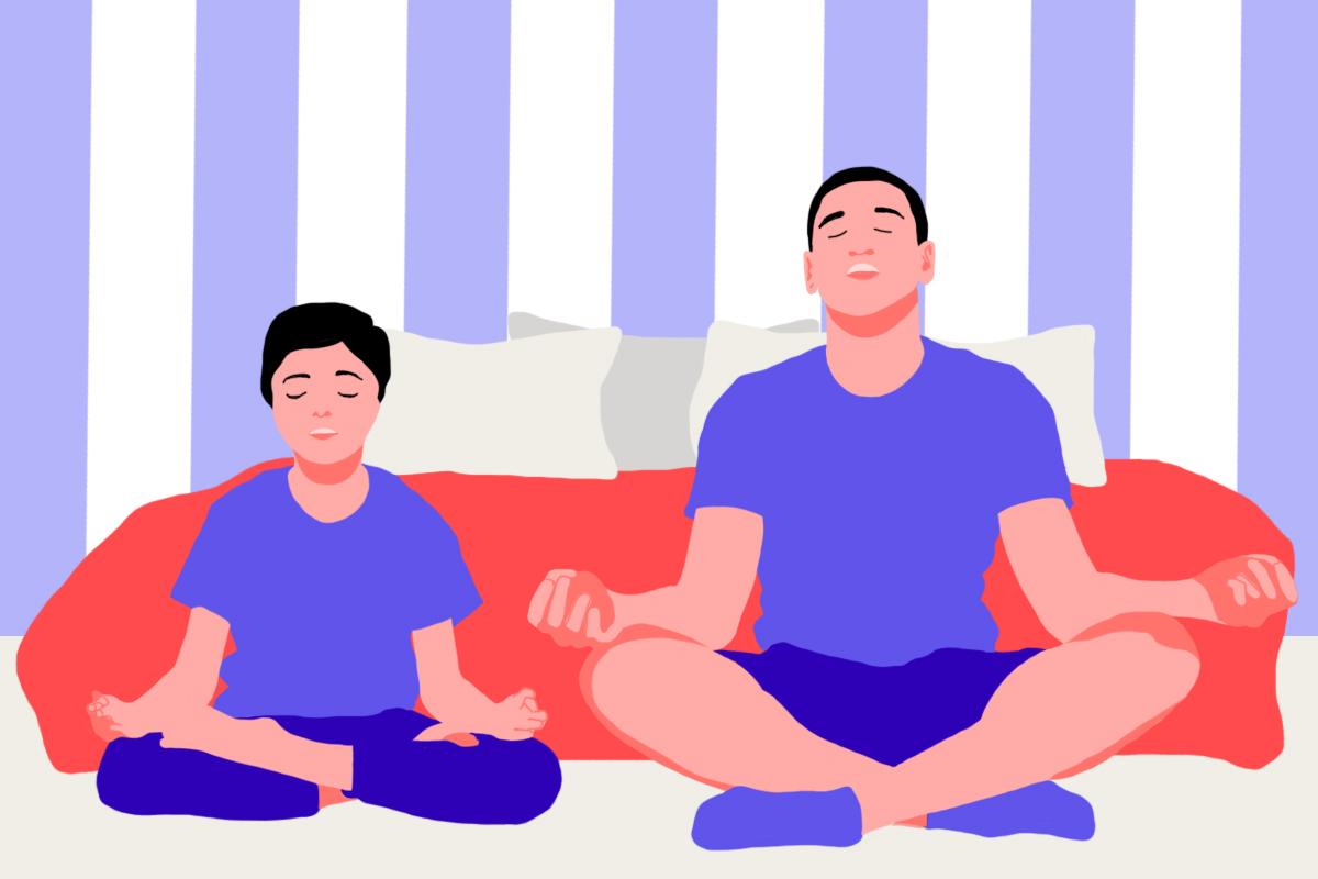 A man and his child in a bedroom practicing meditation for sleep for kids.