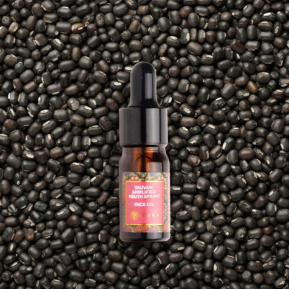 A bottle of Yauvari amplified youth spring kept in front of a black gram background