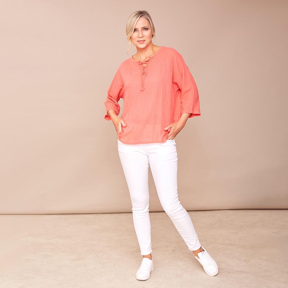 Donna Tie Lace Linen Top Coral