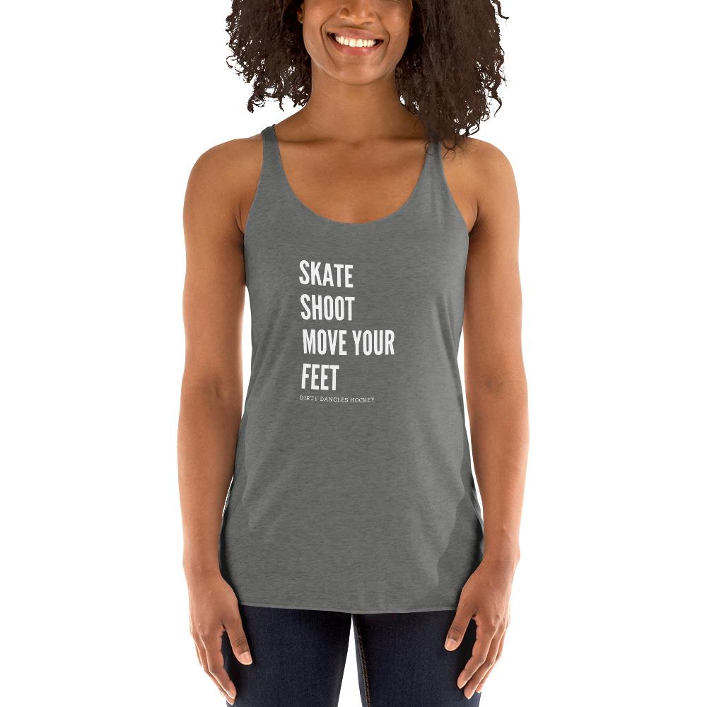 A hockey mom in a gray racerback tank top. Sate shoot move your feet