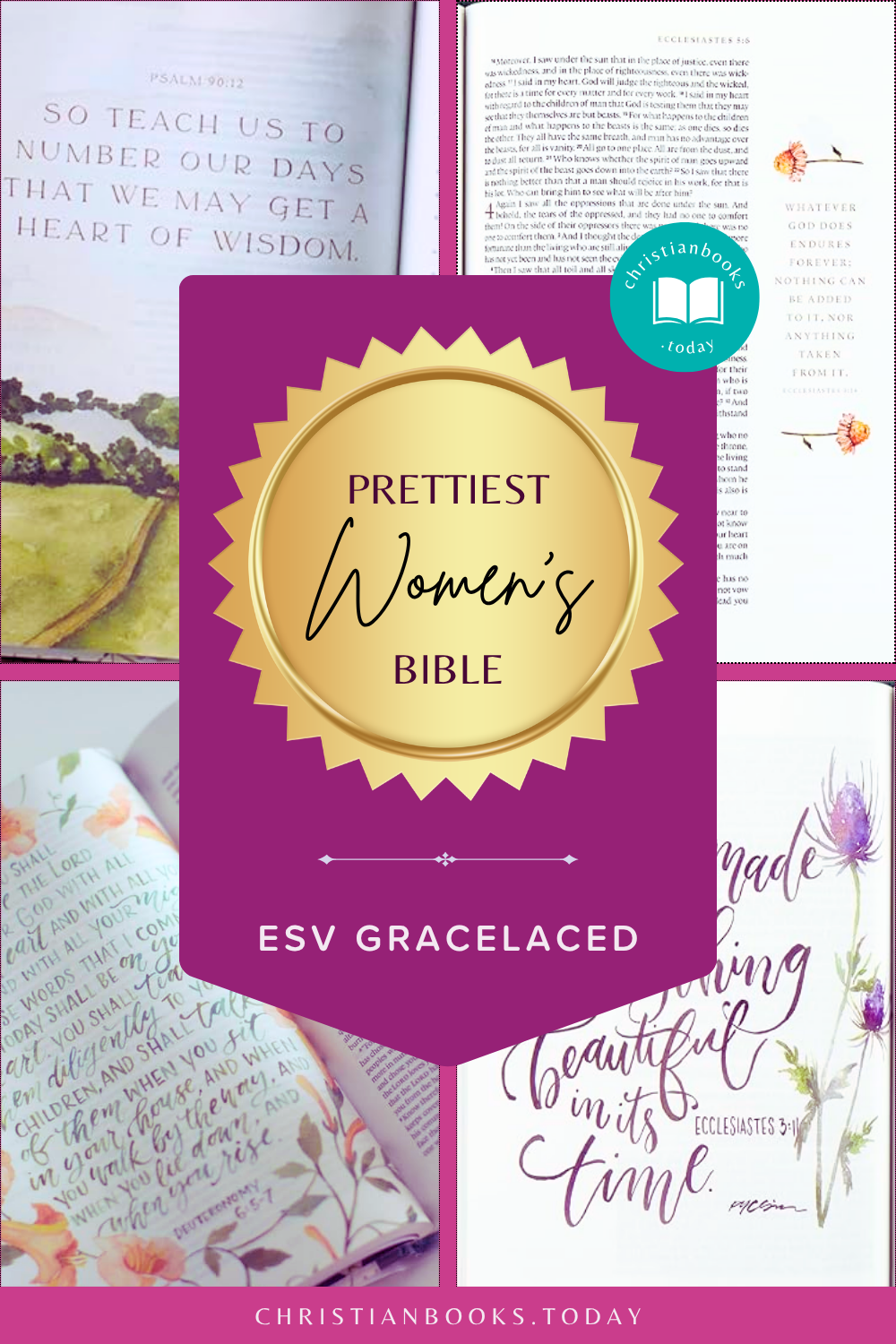 Collage of the ESV GraceLaced Journaling Bible, watercolor Scripture artwork and sample pages, labeled Prettiest Women's Bible.