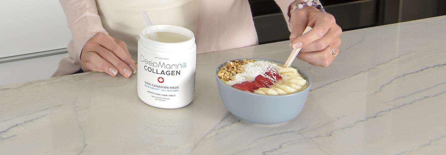 Woman eating health cereal with DeepMarine Collagen peptides