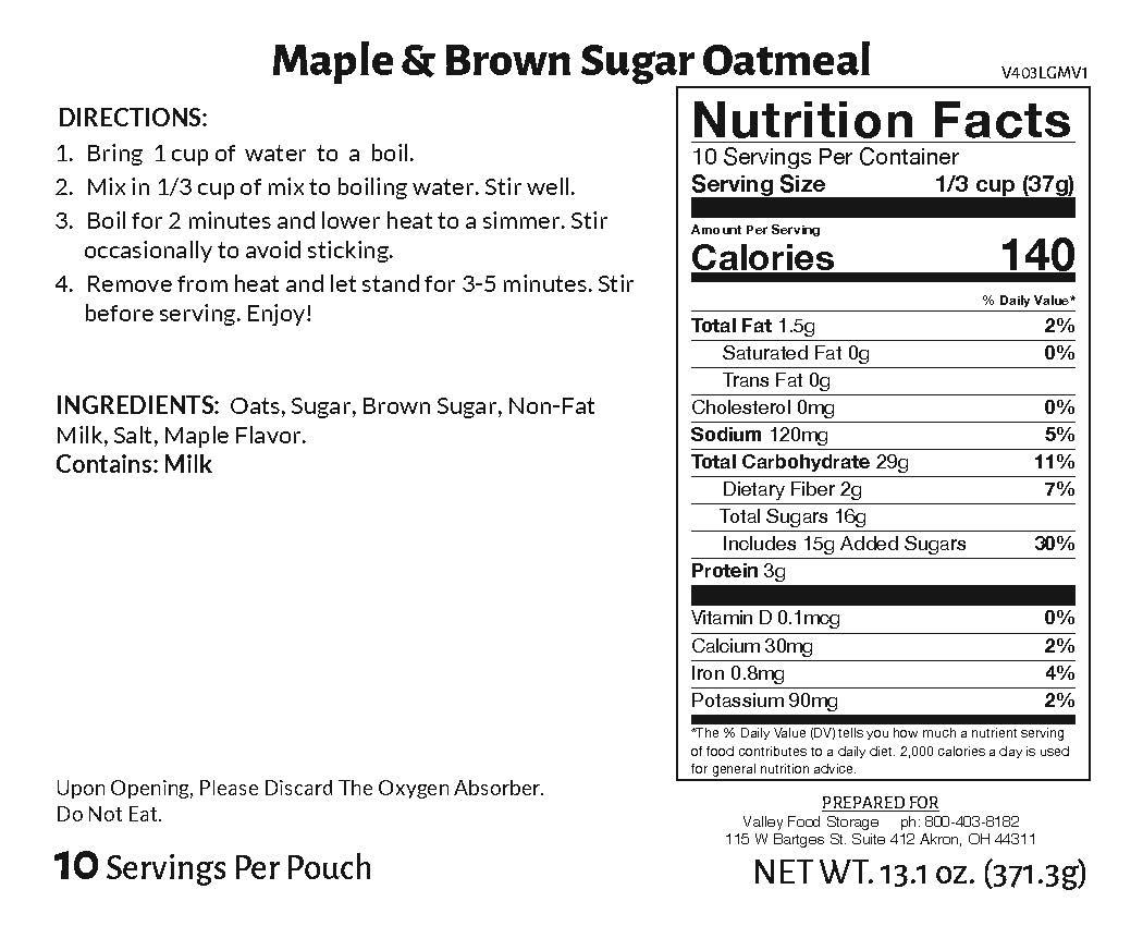 Maple & Brown Sugar Oatmeal Nutrition Facts