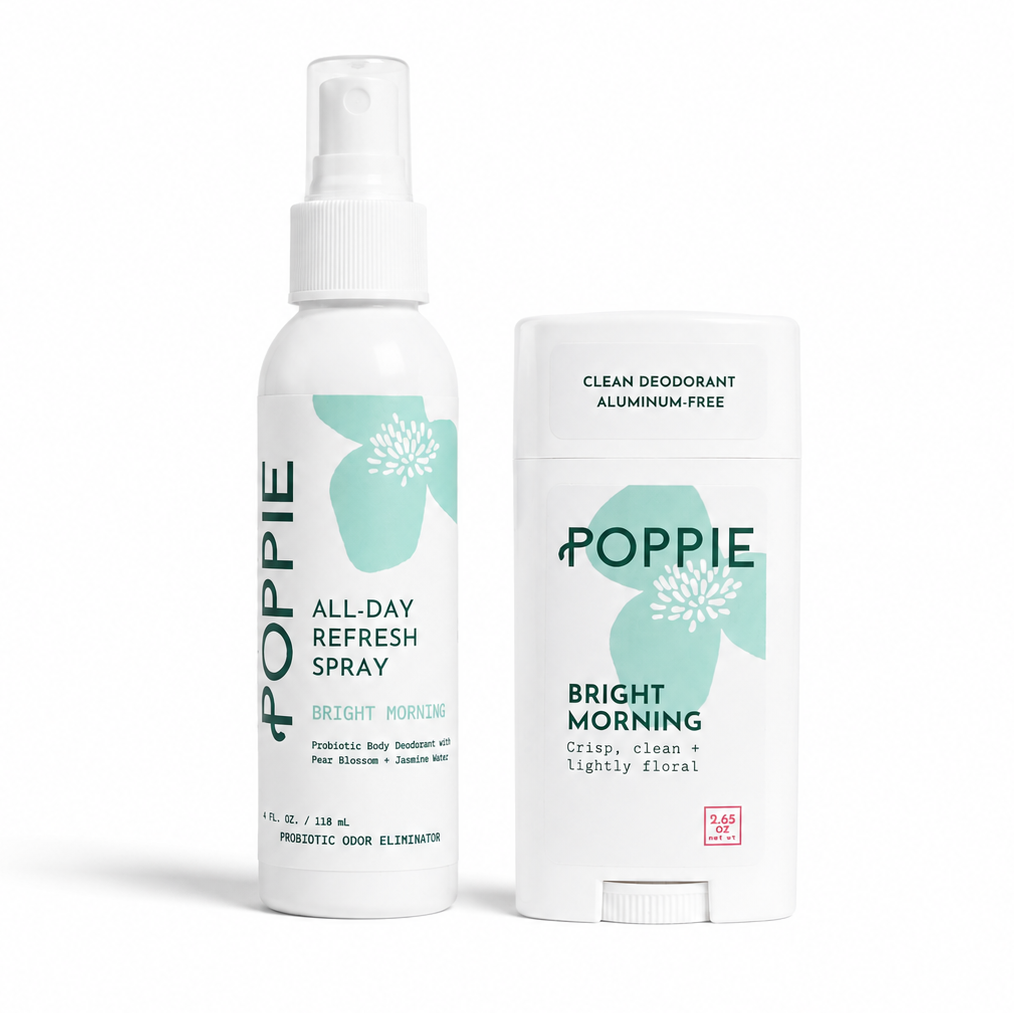 POPPIE Bright Morning All-Day Refresh Spray and aluminum-free Daily Defense Deodorant shown together.