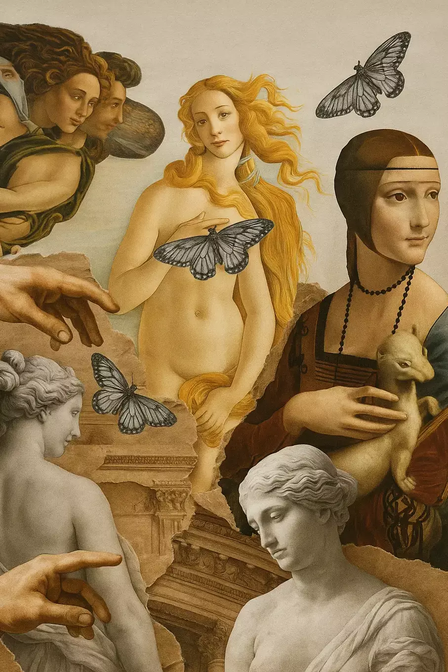 Collage of Classical artworks inspired imagery re-imagined via AI (OpenAI Sora). For artistic illustration only