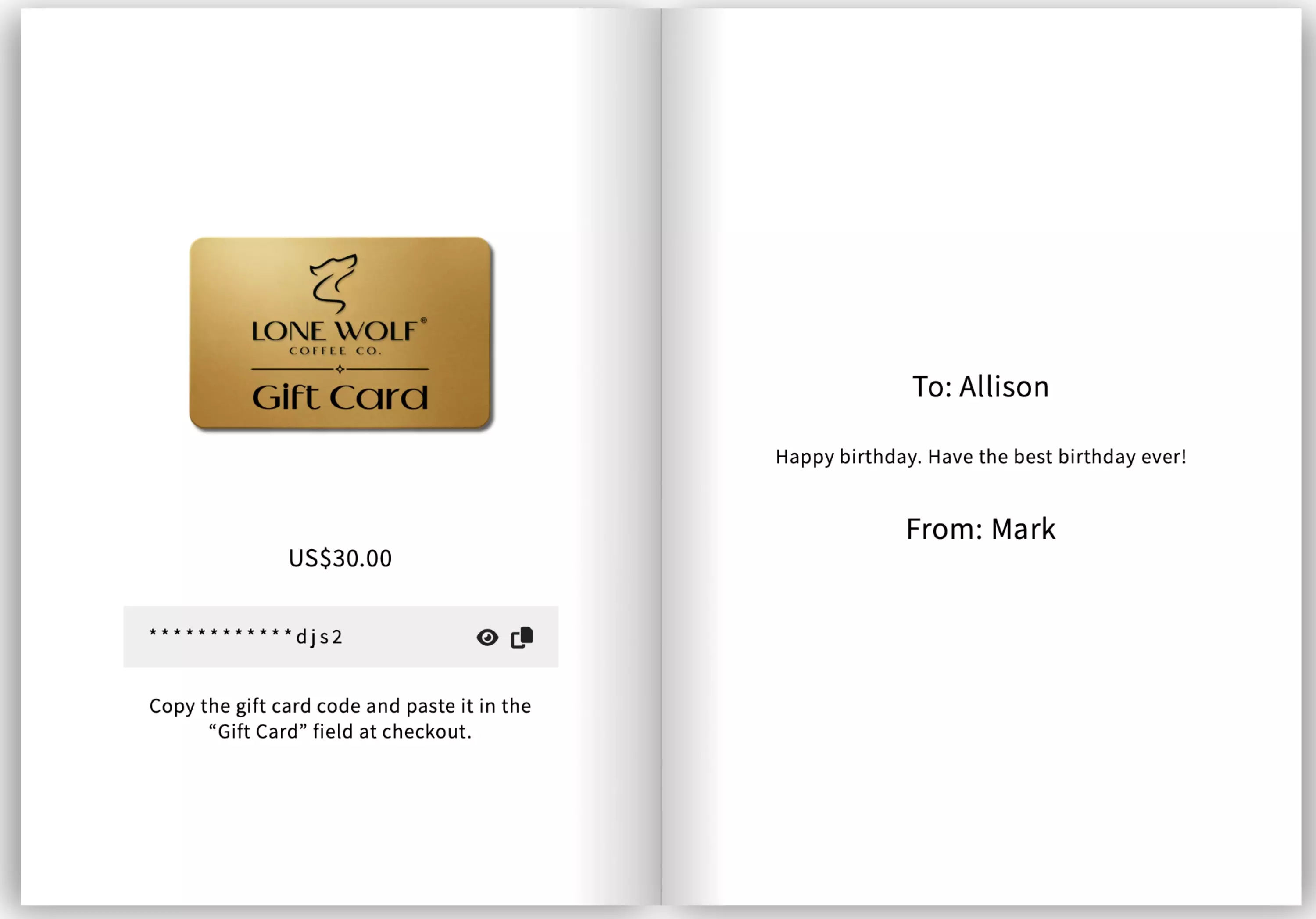 Lone Wolf Coffee digital gift card preview with a clean, simple message and $30 gift card code.
