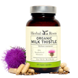 Bottle of Herbal Roots Milk Thistle with capsules and milk thistle seeds surrounding the bottle and a milk thistle flower on the left of the bottle