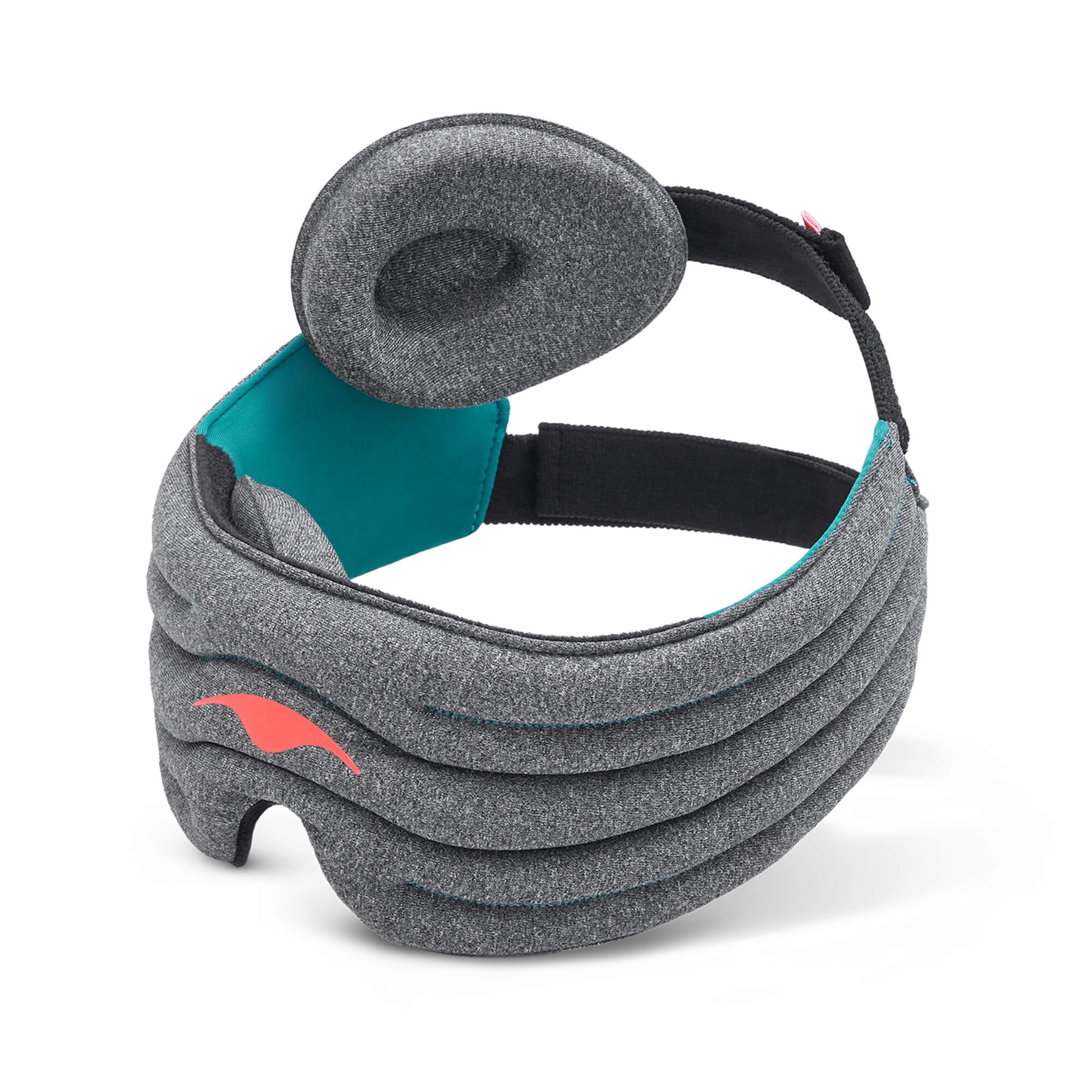 A weighted sleep mask with one tapered eye cup attached to the upper strap.