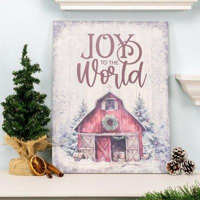 Joy to the World wall art with red barn and Christmas wreath
