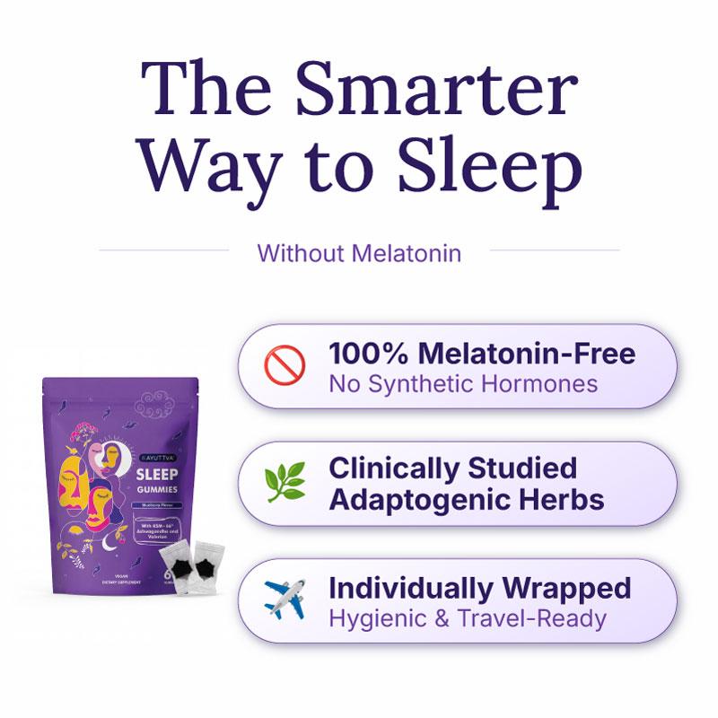 Sleep gummies made without melatonin, featuring natural adaptogenic herbs and individually wrapped for convenience