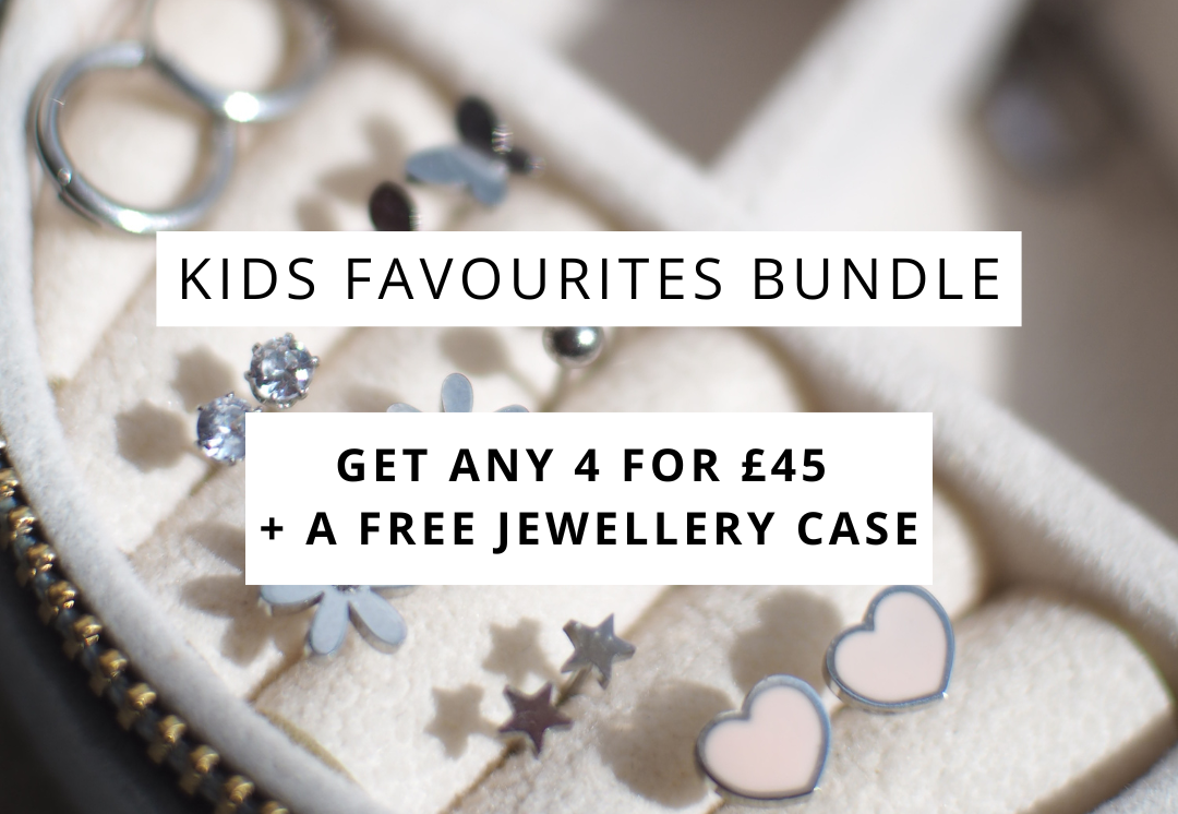 Get 4 for £40 plus a free jewellery box with every bundle! Jewellery box with a selection of kids stud earrings of various designs, including flowers, hearts, stars and more.